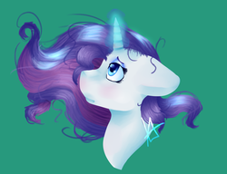 Size: 4300x3300 | Tagged: safe, artist:himitsuartmlp, rarity, pony, unicorn, g4, bust, female, glowing horn, green background, horn, looking up, mare, portrait, profile, signature, simple background, solo