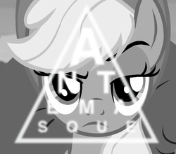 Size: 531x467 | Tagged: safe, applejack, g4, antemasque, monochrome, parody, unconvinced applejack