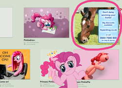 Size: 810x586 | Tagged: safe, artist:extradan, artist:jolinnar, artist:junkiekb, artist:megasweet, artist:spier17, pinkie pie, balloon pony, horse, g4, advertisement, balloon animal, computer, deviantart, irl horse, looking at you, meme, oh come on, shrug, shrugpony, wat