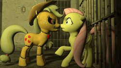 Size: 1191x670 | Tagged: safe, applejack, fluttershy, pony, robot, robot pony, five nights at aj's, g4, 3d, animatronic, applefreddy, creepy, creepy smile, female, five nights at freddy's, gmod, sharp teeth, source filmmaker, this will end in tears, this will end in tears and/or death