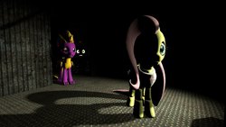 Size: 1191x670 | Tagged: artist needed, safe, applejack, fluttershy, oc, pony, robot, robot pony, five nights at aj's, g4, 3d, animatronic, applefreddy, creepy, five nights at freddy's, flutterchica, glowing eyes, looking at you, original character do not steal, scared, this will end in tears