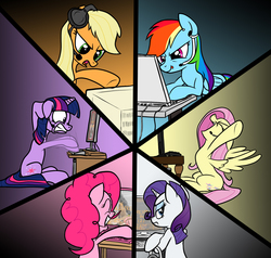 Size: 2395x2280 | Tagged: safe, artist:narbarnar, applejack, fluttershy, pinkie pie, rainbow dash, rarity, twilight sparkle, earth pony, pegasus, pony, unicorn, g4, computer, female, fps, headphones, high res, mane six, mare, unicorn twilight