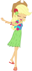 Size: 3000x6612 | Tagged: safe, artist:discorded, applejack, equestria girls, g4, shake your tail, clothes, feet, female, grass skirt, hawaiian, hawaiian flower in hair, hula, hulajack, humanized, lei, sandals, simple background, skirt, solo, transparent background, vector