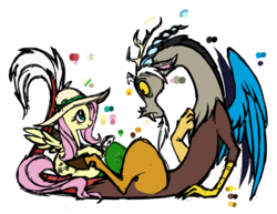 Size: 899x695 | Tagged: safe, artist:hexfloog, discord, fluttershy, g4, hat