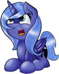 Size: 1024x1286 | Tagged: safe, artist:holomouse, princess luna, pony, g4, female, filly, prone, simple background, solo, woona