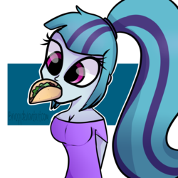 Size: 3000x3000 | Tagged: safe, artist:holomouse, sonata dusk, equestria girls, g4, breasts, busty sonata dusk, cleavage, female, high res, solo, sonataco, taco, that girl sure loves tacos, that siren sure does love tacos