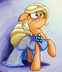 Size: 1715x2000 | Tagged: safe, artist:impcjcaesar, applejack, g4, alternate hairstyle, blushing, clothes, dress, female, floppy ears, hatless, missing accessory, solo