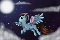Size: 886x589 | Tagged: safe, artist:haxzure, oc, oc only, oc:twirlie, flying, moon, night, solo, stars