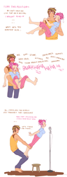 Size: 900x2333 | Tagged: safe, artist:pikokko, oc, oc only, oc:cotton candy, oc:golden delicious, human, kilalaverse, barefoot, blushing, bridal carry, butt touch, carrying, comic, feet, female, hand on butt, height difference, humanized, humanized oc, implied erection, male, microphone, need to pee, oc x oc, offspring, offspring shipping, parent:applejack, parent:caramel, parent:pinkie pie, parent:pokey pierce, parents:carajack, parents:pokeypie, potty time, shipping, simple background, straight, white background