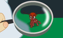 Size: 5256x3160 | Tagged: safe, artist:badumsquish, derpibooru exclusive, oc, oc only, oc:hickey, insect, original species, g4, badumsquish strikes again, bed, bed bug, female, filly, hand, looking at you, magnifying glass, pillow, ponified, size difference