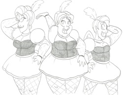 Size: 3267x2541 | Tagged: safe, artist:catstuxedo, pinkie pie, rainbow dash, rarity, human, g4, fat, high res, horn, horned humanization, humanized, monochrome, pudgy pie, showgirl, winged humanization