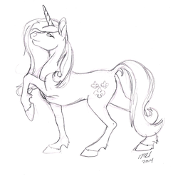 Size: 889x880 | Tagged: safe, artist:carnivorouscaribou, fleur-de-lis, pony, unicorn, g4, concave belly, female, hoers, horn, mare, monochrome, sketch, slender, solo, thin, traditional art