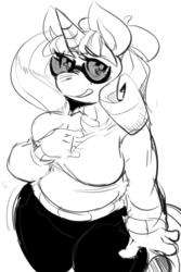 Size: 556x830 | Tagged: source needed, useless source url, safe, artist:mangneto, rarity, anthro, g4, sweet and elite, beatnik rarity, beret, chubby, clothes, female, glasses, hat, monochrome, sketch, solo, wide hips