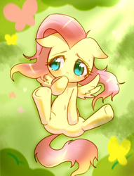 Size: 1181x1544 | Tagged: safe, artist:araraginatsuki, fluttershy, pegasus, pony, g4, blushing, crying, cute, featureless crotch, female, filly, grass, on back, pixiv, shyabetes, solo, spread legs, underhoof