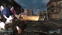 Size: 1920x1080 | Tagged: safe, artist:appletart, twilight sparkle, alicorn, pony, g4, 3d, aiming, armor, clothes, desert eagle, dress, fallout, fallout: new vegas, female, freeside, golden gun, mare, pony race and companion mod, solo, twilight sparkle (alicorn)