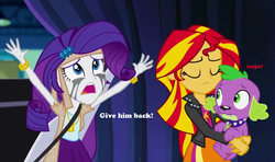 Size: 1663x986 | Tagged: safe, edit, edited screencap, hundreds of users filter this tag, screencap, rarity, spike, sunset shimmer, dog, equestria girls, g4, my little pony equestria girls: rainbow rocks, crying, cuckolding, eyes closed, female, holding a dog, hug, husbando thief, jealous, love triangle, male, netorarity, running makeup, ship:sparity, ship:sunsetspike, shipping, spike gets all the mares, spike the dog, straight