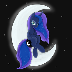 Size: 3500x3500 | Tagged: safe, artist:fauzart, princess luna, pony, unicorn, g4, crescent moon, crossed arms, ethereal hair, ethereal mane, ethereal tail, eyeshadow, female, high res, lidded eyes, looking at you, makeup, missing accessory, missing wing, moon, race swap, sitting, smirk, solo, sparkly mane, sparkly tail, starry mane, starry tail, stars, tail, tangible heavenly object, unicorn luna