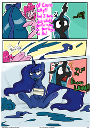 Size: 768x1079 | Tagged: safe, artist:shrabby, pinkie pie, princess luna, queen chrysalis, alicorn, changeling, changeling queen, earth pony, pony, comic:two princesses one queen, g4, ballgag, betrayal, birthday, bondage, comic, female, gag, imminent vore, lunaprey, mare, present, underhoof, villainous delights, wide eyes