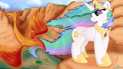 Size: 1920x1080 | Tagged: safe, artist:tilo972, philomena, princess celestia, phoenix, g4, windswept mane