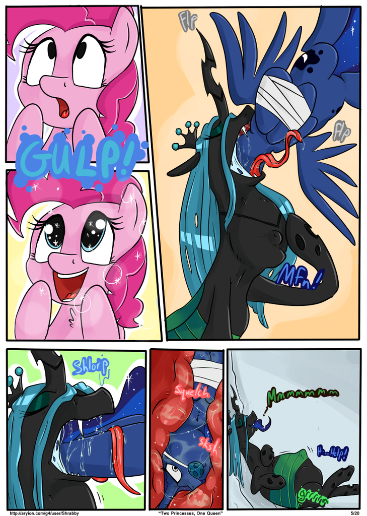 pony, comic:two princesses one queen, belly, betrayal, changelings eating p...