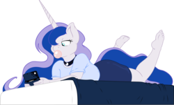 Size: 3836x2336 | Tagged: safe, artist:joey darkmeat, artist:ozymandias1989, princess luna, anthro, plantigrade anthro, gamer luna, g4, 3ds, bed, bubblegum, feet, female, high res, simple background, solo, toes, transparent background