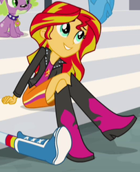 Size: 262x323 | Tagged: safe, screencap, pinkie pie, rainbow dash, spike, sunset shimmer, dog, equestria girls, g4, my little pony equestria girls: rainbow rocks, boots, clothes, cute, high heel boots, legs, shimmerbetes, smiling, socks, spike the dog, weapons-grade cute, when she smiles