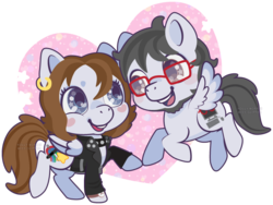 Size: 738x555 | Tagged: safe, artist:miss-glitter, oc, oc only, pegasus, pony, beard, blushing, clothes, collar, earring, female, flying, freckles, glasses, jacket, leather jacket, male, mare, stallion, watch