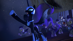 Size: 3840x2160 | Tagged: safe, artist:argodaemon, echo (g4), nightmare moon, nocturn, alicorn, bat pony, pony, g4, 3d, boat, echo and nocturn, female, high res, male, mare, musical instrument, night guard, open mouth, raised hoof, royal guard, sail, singing, source filmmaker, stallion, trumpet