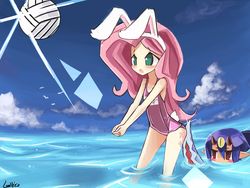 Size: 960x720 | Tagged: safe, artist:lumineko, fluttershy, human, g4, breasts, bunny ears, bunny suit, bunnyshy, butt touch, clothes, crossover, delicious flat chest, desco, disgaea, flattershy, humanized, ocean, one-piece swimsuit, school swimsuit, style emulation, sukumizu, swimsuit, volleyball, water
