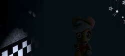 Size: 1024x461 | Tagged: safe, applejack, pony, robot, robot pony, five nights at aj's, g4, 3d, animatronic, applefreddy, bloodshot eyes, crazy face, crazy smile, faic, female, five nights at freddy's, looking at you, microphone, sharp teeth, solo, this will end in tears