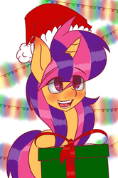 Size: 1275x1920 | Tagged: safe, artist:psicarii, oc, oc only, oc:color spark, happy, hat, present, santa hat, smiling, solo