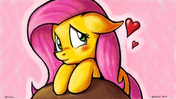 Size: 800x450 | Tagged: safe, artist:tobibrocki, fluttershy, g4, blushing, female, floppy ears, heart, smiling, solo