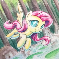 Size: 1024x1024 | Tagged: safe, artist:dynamiclines, fluttershy, g4, female, flying, forest, solo, traditional art