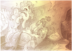 Size: 1024x725 | Tagged: safe, artist:sherwoodwhisper, pinkie pie, spike, g4, bed, feather, happy, monochrome, traditional art