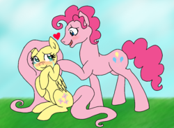 Size: 935x684 | Tagged: safe, artist:britzydoodle, fluttershy, pinkie pie, g4, blushing, bubble berry, crying, female, half r63 shipping, male, rule 63, ship:bubbleshy, shipping, straight