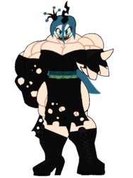 Size: 480x640 | Tagged: safe, artist:minimannitaur, queen chrysalis, human, g4, boots, breasts, buff breasts, busty queen chrysalis, clothes, dress, female, horn, horned humanization, humanized, looking at you, muscles, my muscle pony, queen chrysalifts, simple background, slasher smile, solo, torn clothes, transparent background