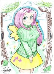 Size: 1280x1763 | Tagged: safe, artist:noisyvox, fluttershy, human, g4, breasts, busty fluttershy, clothes, female, humanized, solo, sweatershy, traditional art, winged humanization
