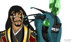 Size: 1108x649 | Tagged: safe, artist:jonpablo45, queen chrysalis, g4, mortal kombat, shang tsung, simple background, transparent background