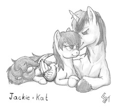 Size: 1088x960 | Tagged: safe, artist:sean mirrsen, oc, oc only, oc:jackie trades, oc:kat, black and white, cuddling, female, grayscale, looking at each other, male, sketch, snuggling, straight