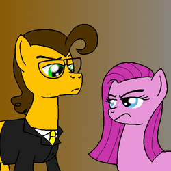 Size: 500x500 | Tagged: safe, alternate version, artist:crazynutbob, cheese sandwich, pinkie pie, g4, clothes, dull eyes of unhappiness, frown, glasses, necktie, pinkamena diane pie, straight hair, suit