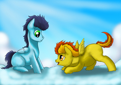Size: 1984x1403 | Tagged: safe, artist:exelzior, soarin', spitfire, g4, blank flank, colt, cute, cutefire, filly, soarinbetes, younger