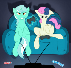 Size: 1000x947 | Tagged: safe, artist:dreigun, bon bon, lyra heartstrings, sweetie drops, g4, bon bon is not amused, couch, duo, floppy ears, gaming, get, grin, index get, magic, sitting, smirk, telekinesis, video game, x0000 milestone