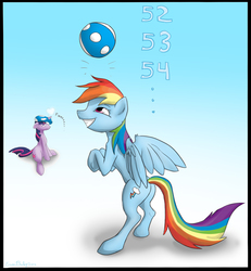 Size: 1065x1152 | Tagged: safe, artist:dreigun, rainbow dash, twilight sparkle, g4, ball, bouncing, deflated, deflation, horn, juggling, puncture