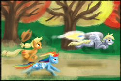 Size: 1000x672 | Tagged: safe, artist:dreigun, applejack, derpy hooves, rainbow dash, pegasus, pony, g4, female, jetpack, mare, running of the leaves