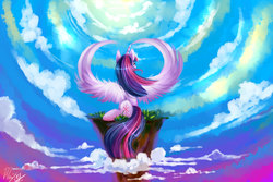 Size: 1500x1000 | Tagged: safe, artist:moeru789, twilight sparkle, alicorn, pony, g4, female, floating island, mare, solo, twilight sparkle (alicorn)