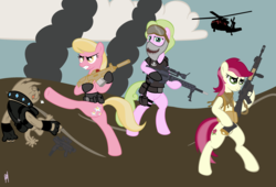 Size: 2964x2013 | Tagged: safe, artist:shadawg, daisy, flower wishes, lily, lily valley, roseluck, diamond dog, pony, g4, bipedal, butt, flower trio, gun, helicopter, high res, kick, military, mk.12 spr, mk.18, plot, sg 556, styer tpm mp9, war, weapon
