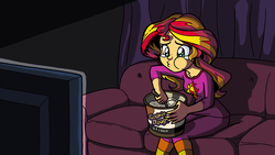 Size: 2400x1350 | Tagged: safe, artist:latecustomer, sunset shimmer, equestria girls, g4, clothes, comfort eating, crying, female, forever alone, ice cream, meme, pajamas, solo, television, wallpaper