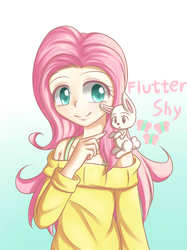 Size: 1880x2507 | Tagged: safe, artist:dyoung, angel bunny, fluttershy, human, g4, clothes, female, humanized, pixiv, solo, sweatershy