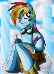 Size: 550x759 | Tagged: safe, artist:xjkenny, rainbow dash, semi-anthro, g4, backwards cutie mark, bag, female, goggles, solo