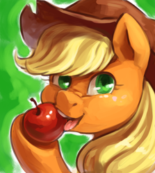 Size: 488x548 | Tagged: safe, artist:audrarius, applejack, earth pony, pony, g4, apple, eating, female, portrait, silly, silly pony, solo, who's a silly pony